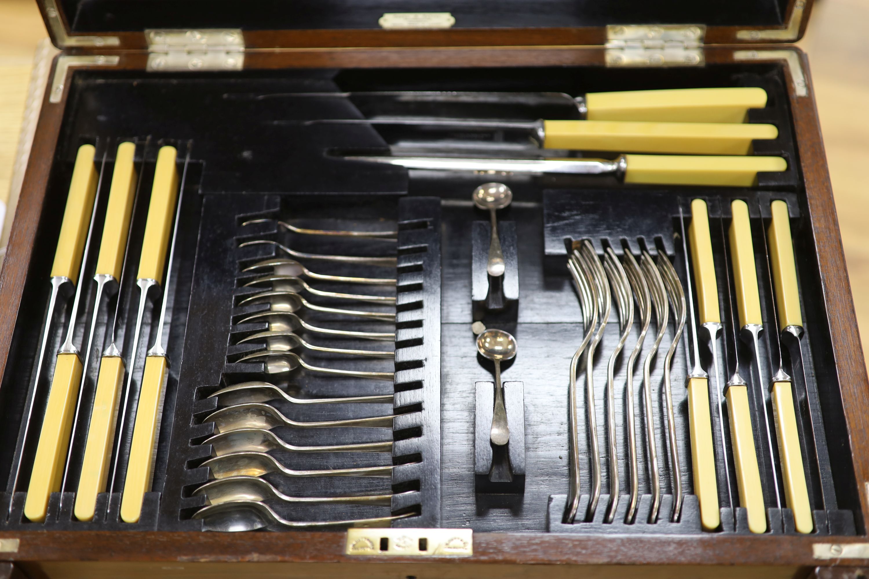 A Victorian Cooke & Kelvey mahogany cased canteen of plated flatware